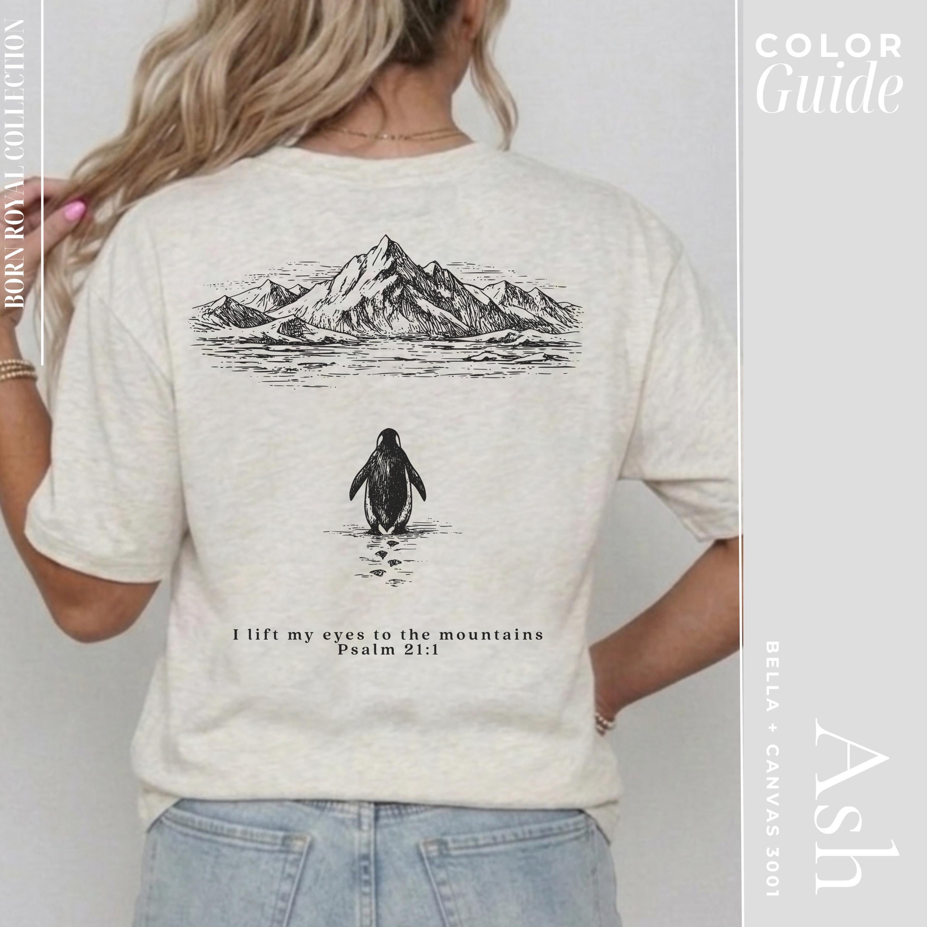 Psalm 121 Christian Faith Shirt | Penguin But Why? Mountain Graphic Tee Inspired by Scripture
