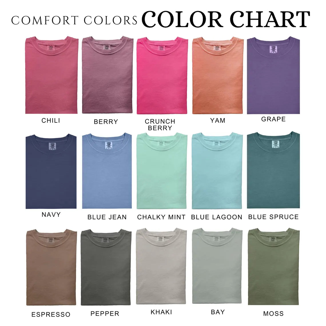 The image is a color chart displaying various comfort colors, including red, pink, orange, purple, green, blue, and teal. The chart also includes the names of the colors and their corresponding clothing items, such as t-shirts, dresses, and tops.