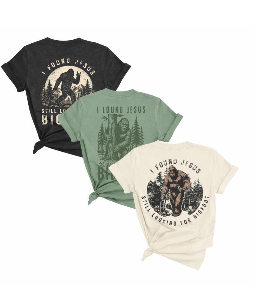 I Found Jesus Still Looking For Bigfoot™ Christian Shirt Men | Faith Based Shirts Summer Religious Apparel Tee